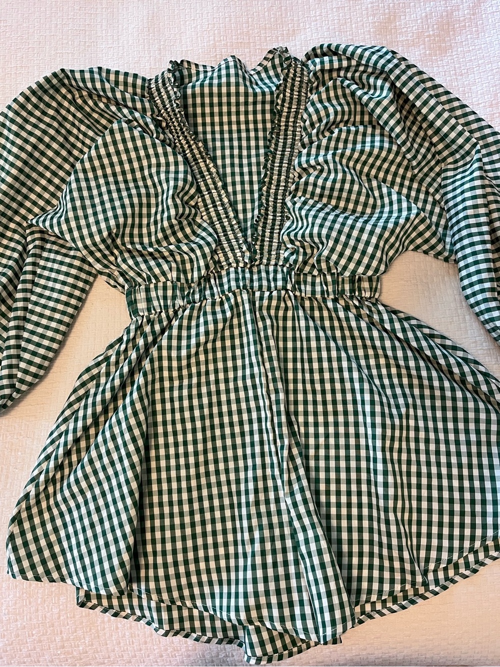 Green and White Gingham V-Neck Romper